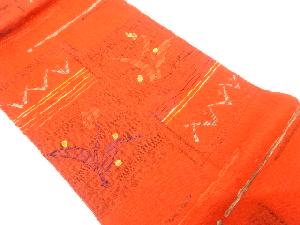 未使用品　手織り真綿紬　草花模様織り出し名古屋帯